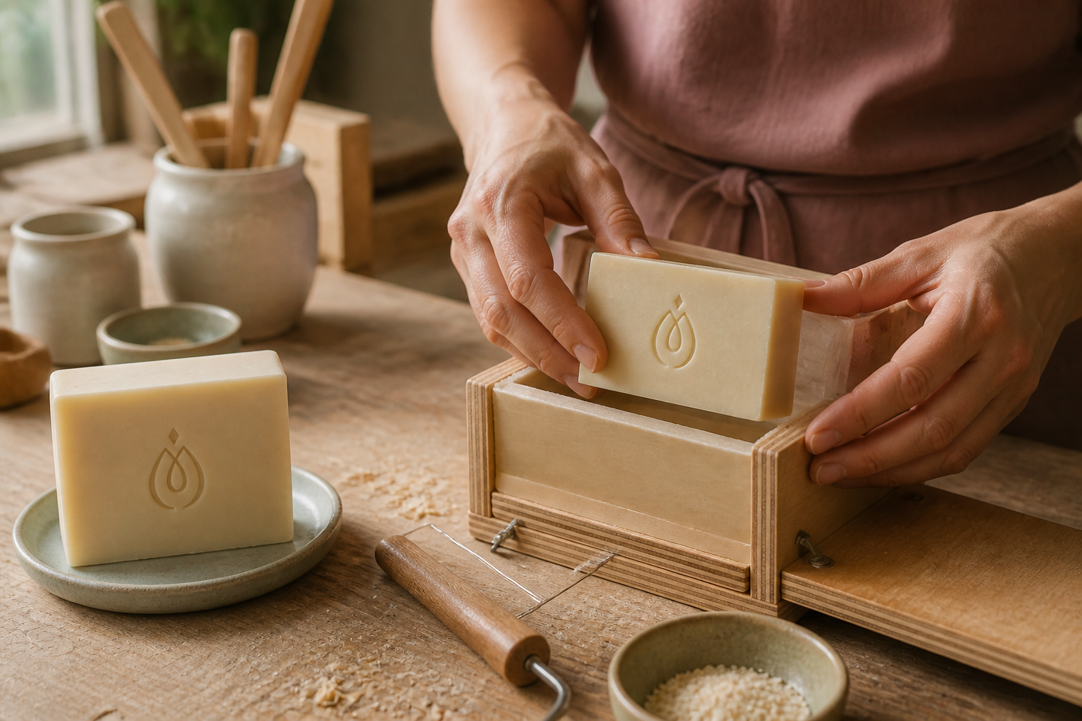 KAITLANY artisanal process: hands unmolding and finishing a small batch of soap
