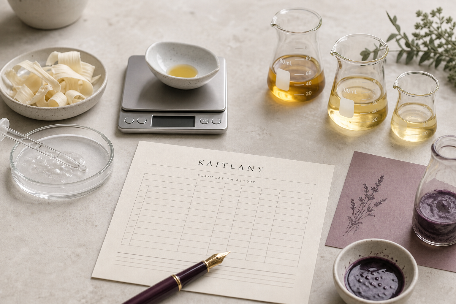 KAITLANY formulation table with a scale, glass containers, botanical oils and documentation